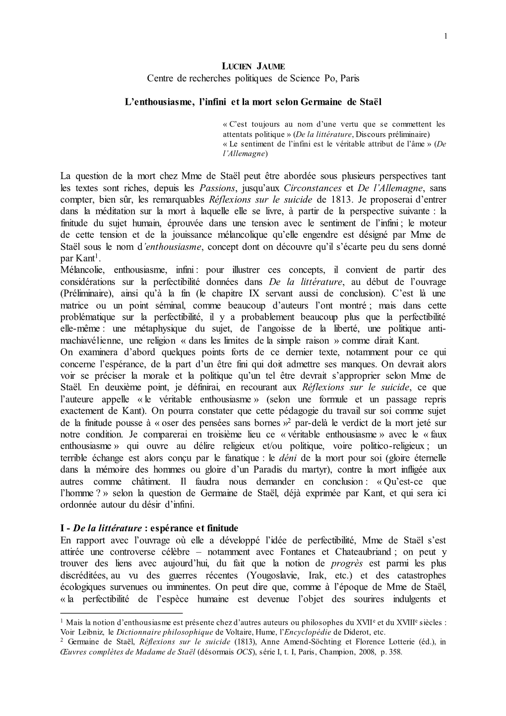 L'enthousisasme, L'infini Et La Mort Selon Germaine De Staël