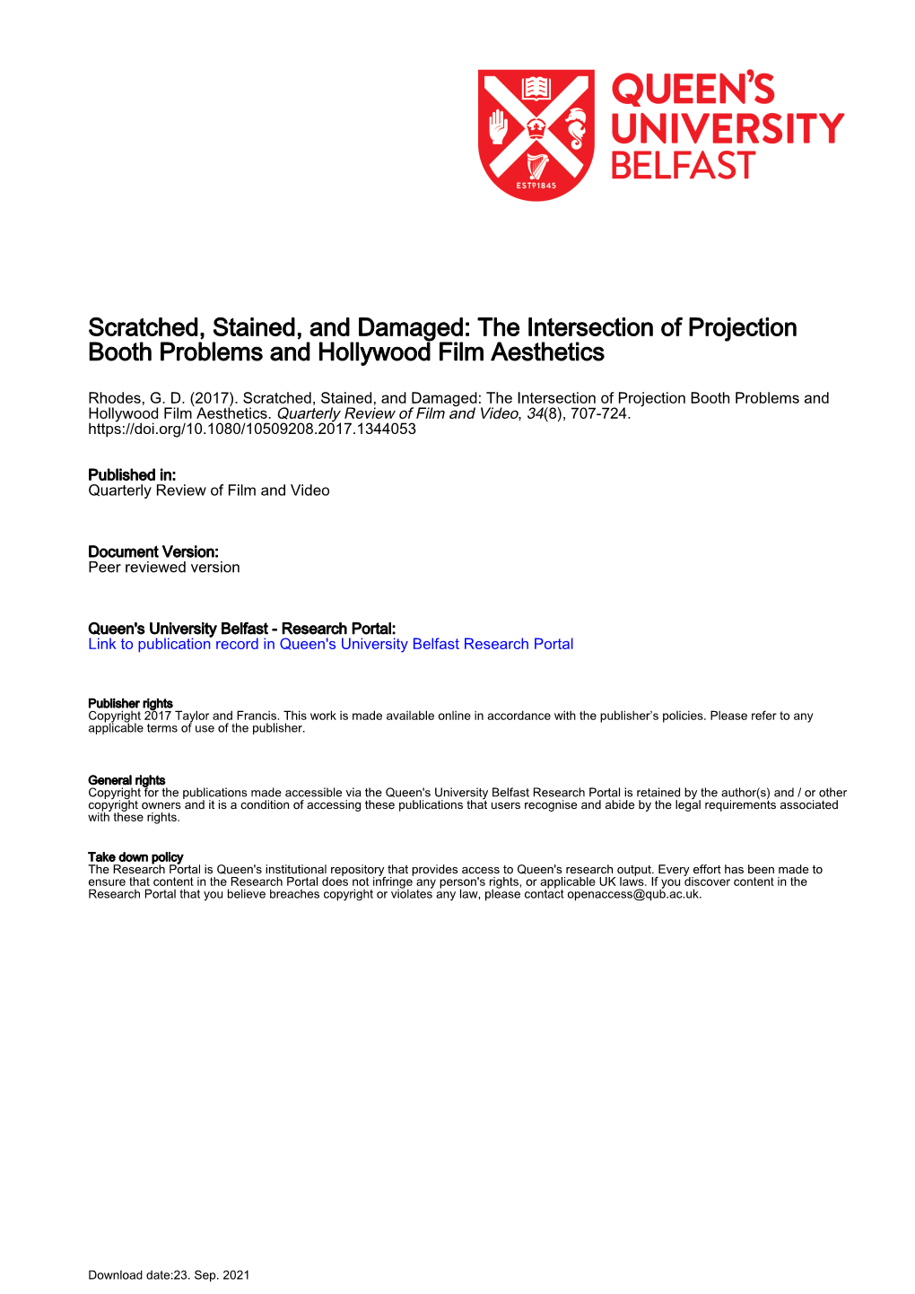 Scratched, Stained, and Damaged: the Intersection of Projection Booth Problems and Hollywood Film Aesthetics