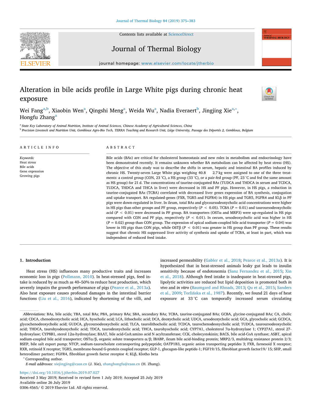 Alteration in Bile Acids Profile in Large White Pigs During Chronic Heat