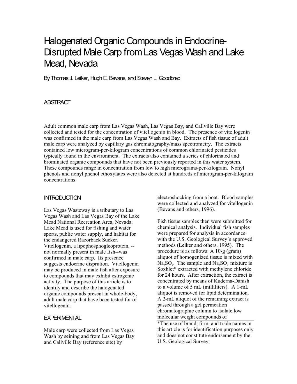 Halogenated Organic Compounds in Endocrine- Disrupted Male Carp from Las Vegas Wash and Lake Mead, Nevada