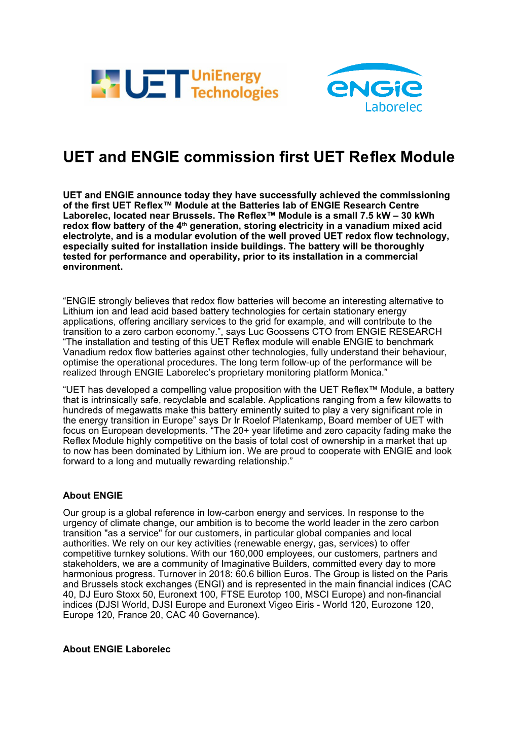 UET and ENGIE Commission First UET Reflex Module