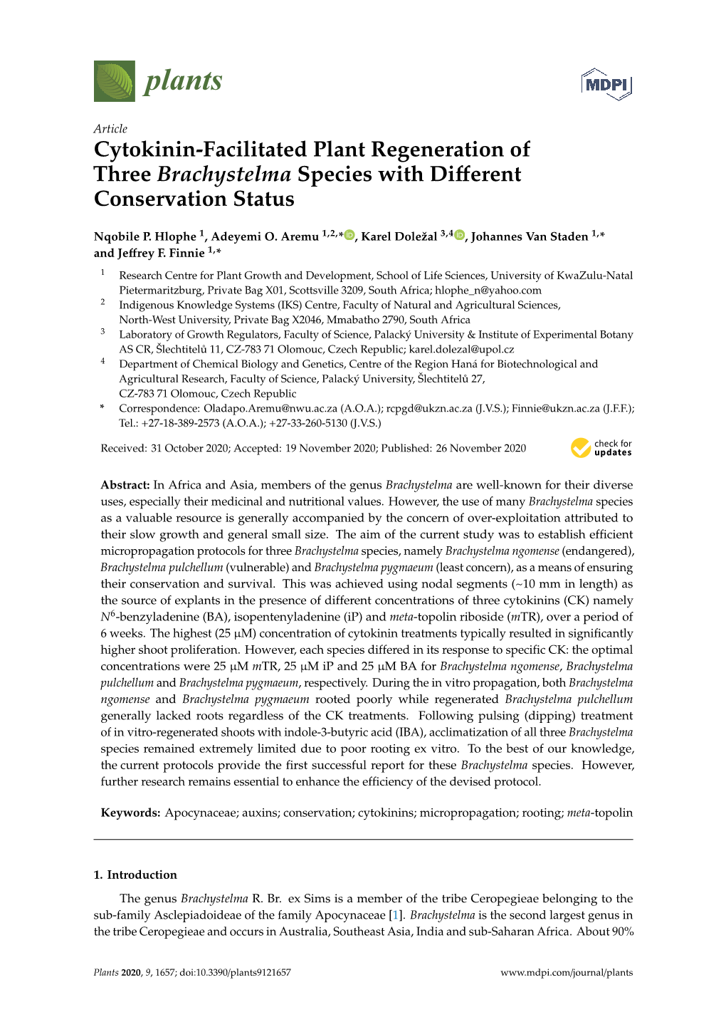 Cytokinin-Facilitated Plant Regeneration of Three Brachystelma Species with Different Conservation Status