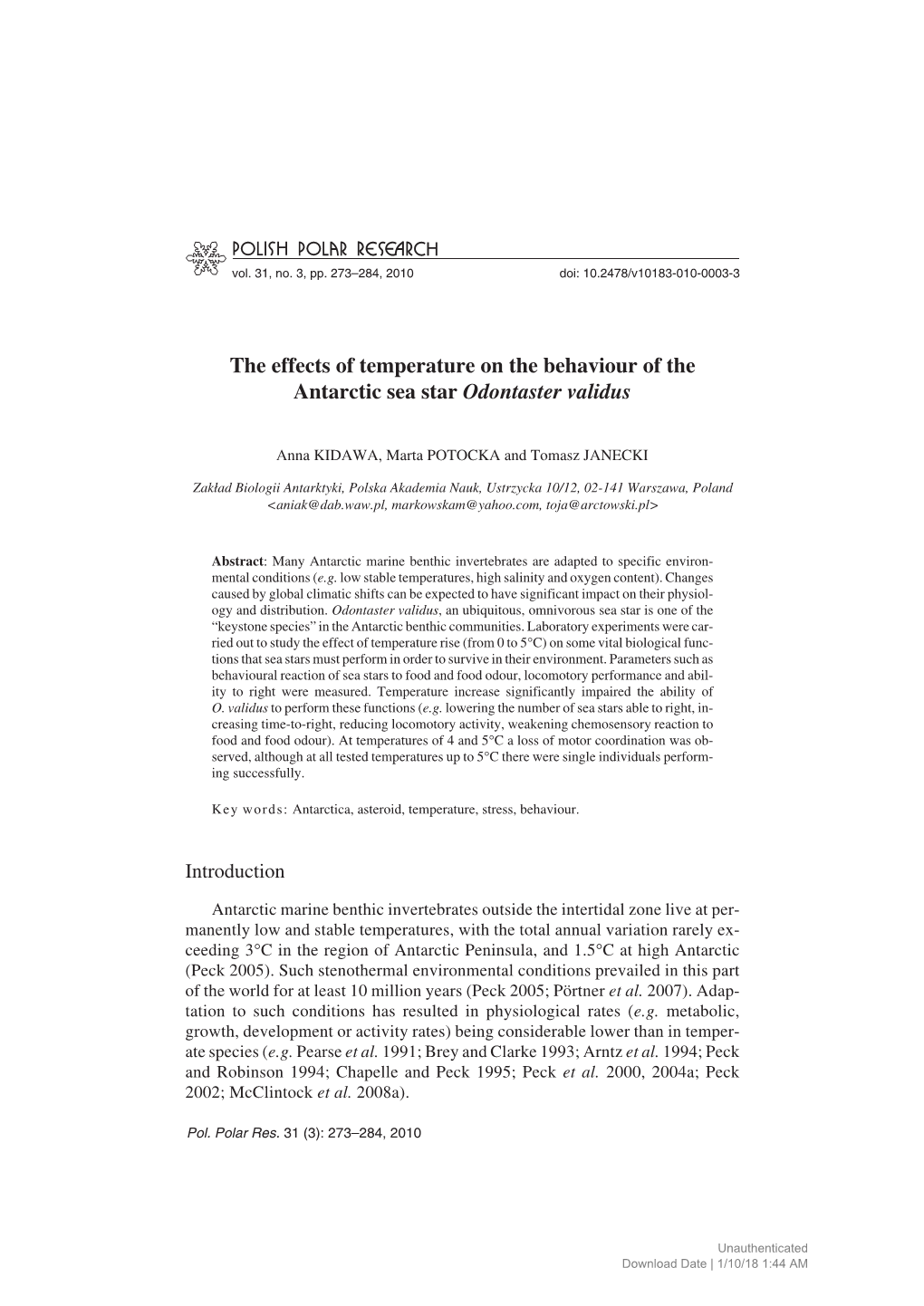 The Effects of Temperature on the Behaviour of the Antarctic Sea Star Odontaster Validus