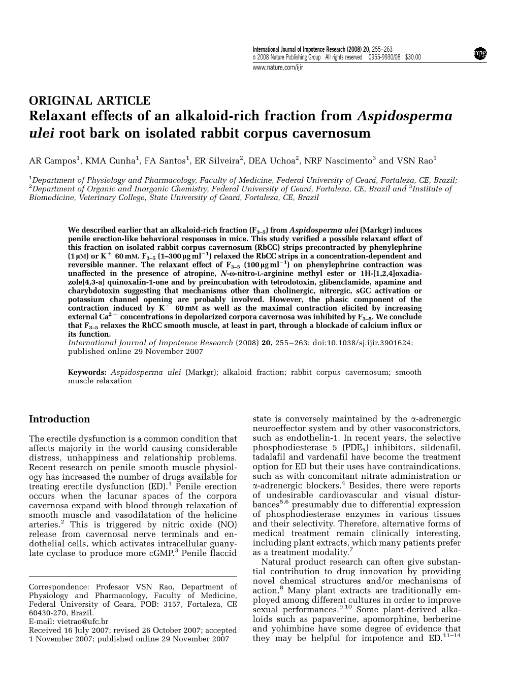 Relaxant Effects of an Alkaloid-Rich Fraction from Aspidosperma Ulei Root Bark on Isolated Rabbit Corpus Cavernosum