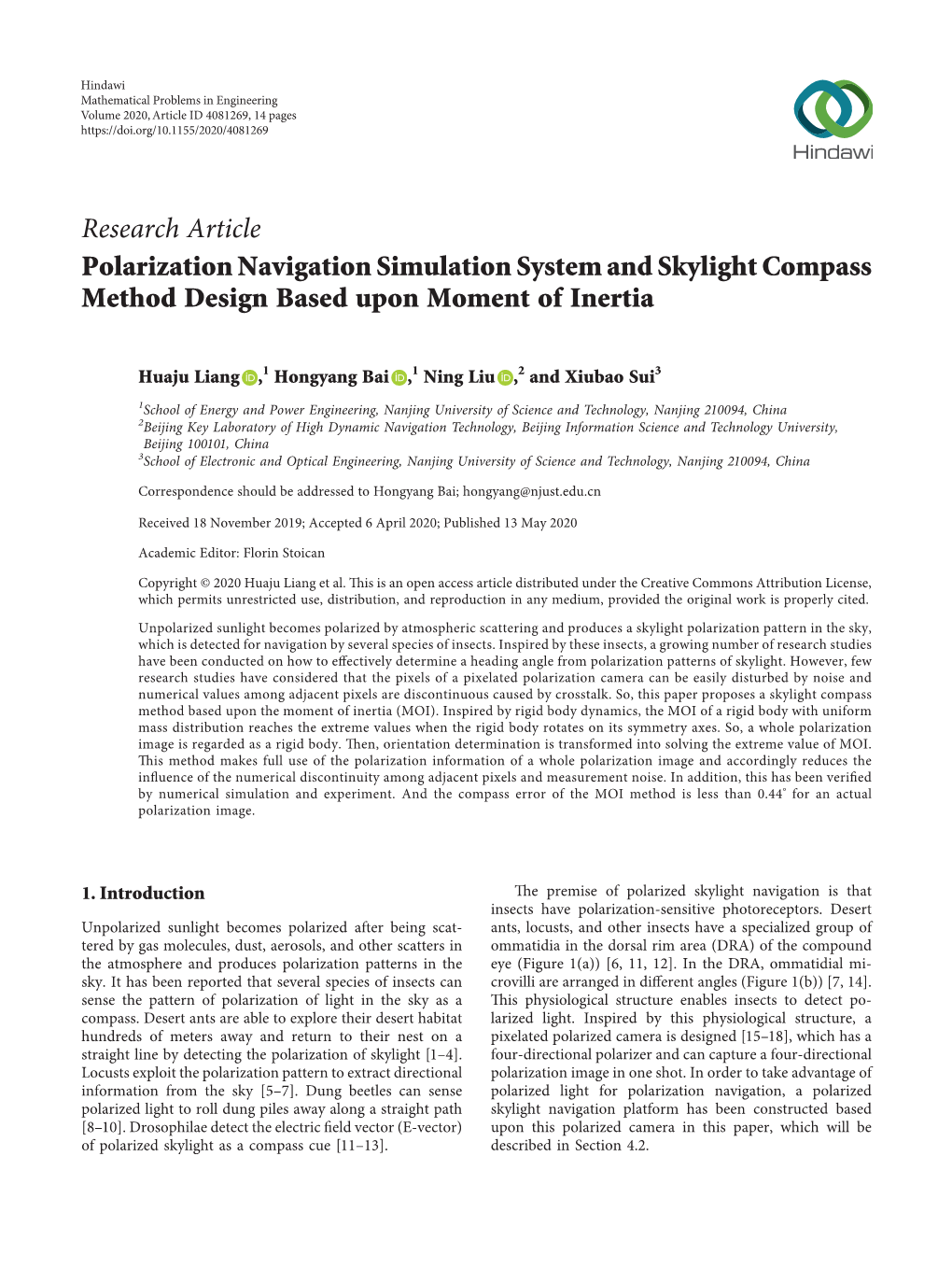 Polarization Navigation Simulation System and Skylight Compass Method Design Based Upon Moment of Inertia