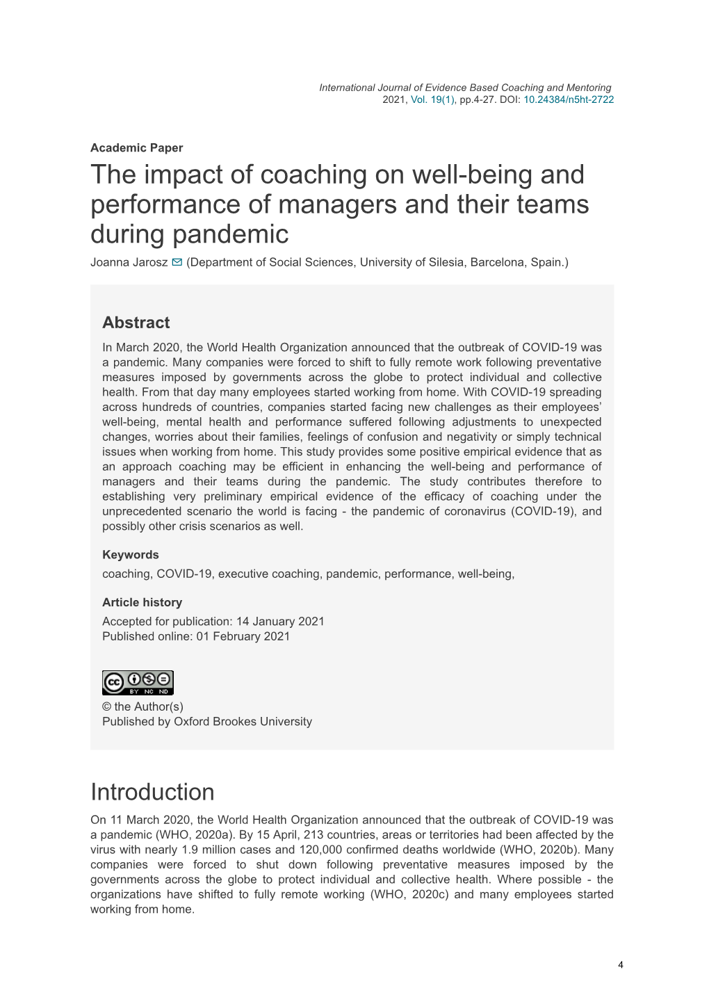 The Impact of Coaching on Well-Being and Performance of Managers And
