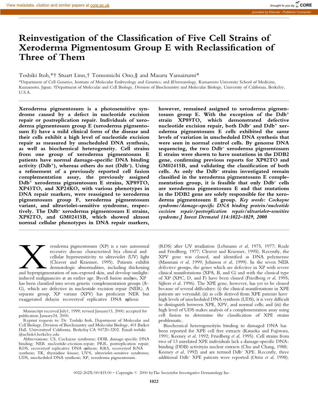 Reinvestigation of the Classification of Five Cell Strains of Xeroderma