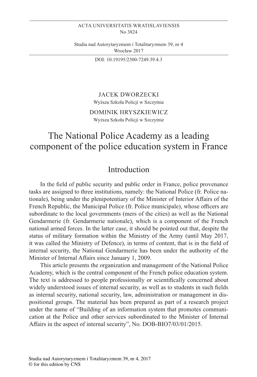 The National Police Academy As a Leading Component of the Police Education System in France