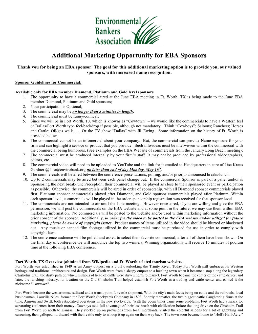 Additional Marketing Opportunity for EBA Sponsors