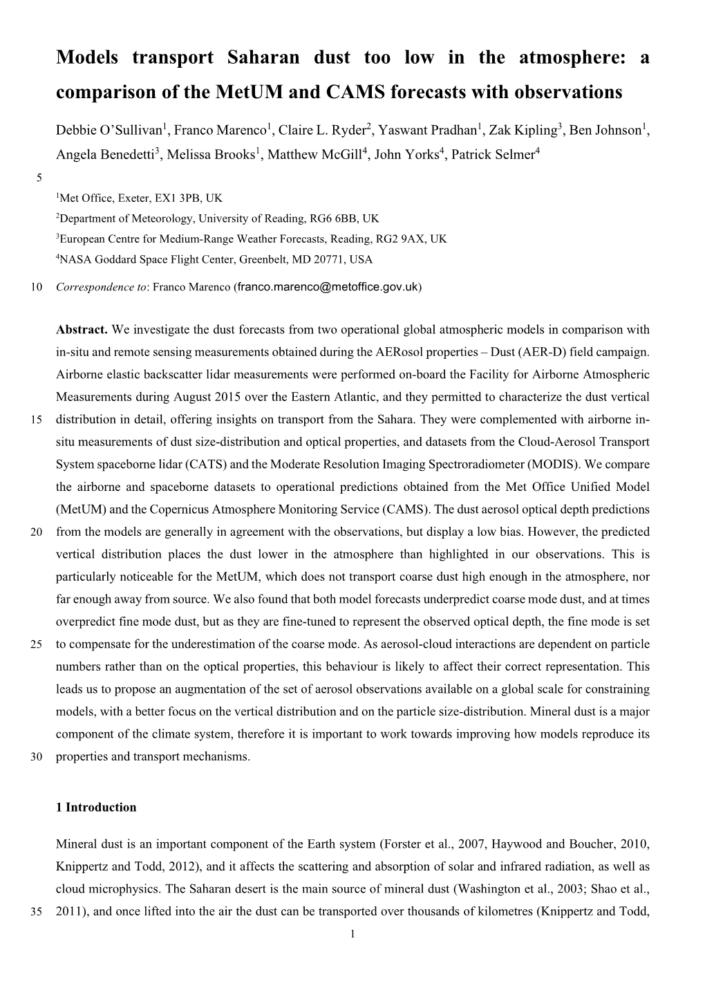 A Comparison of the Metum and CAMS Forecasts with Observations