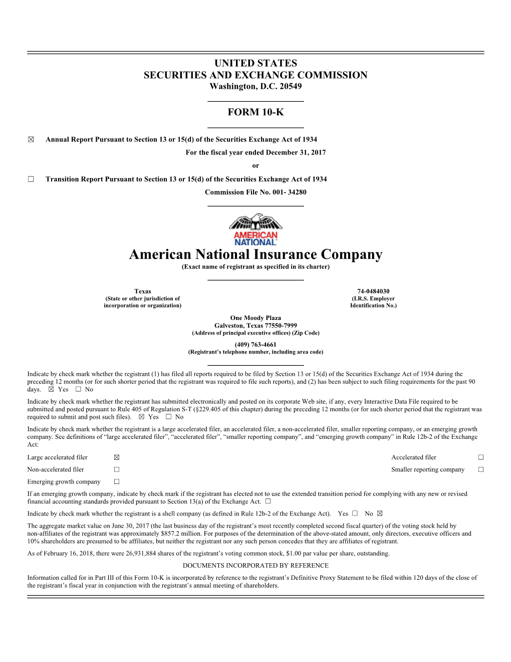 American National Insurance Company (Exact Name of Registrant As Specified in Its Charter)