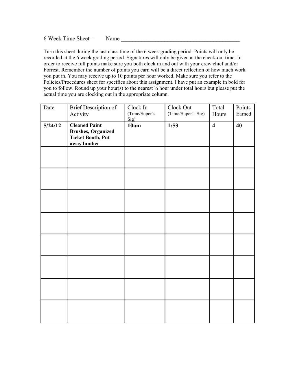 6 Week Time Sheet