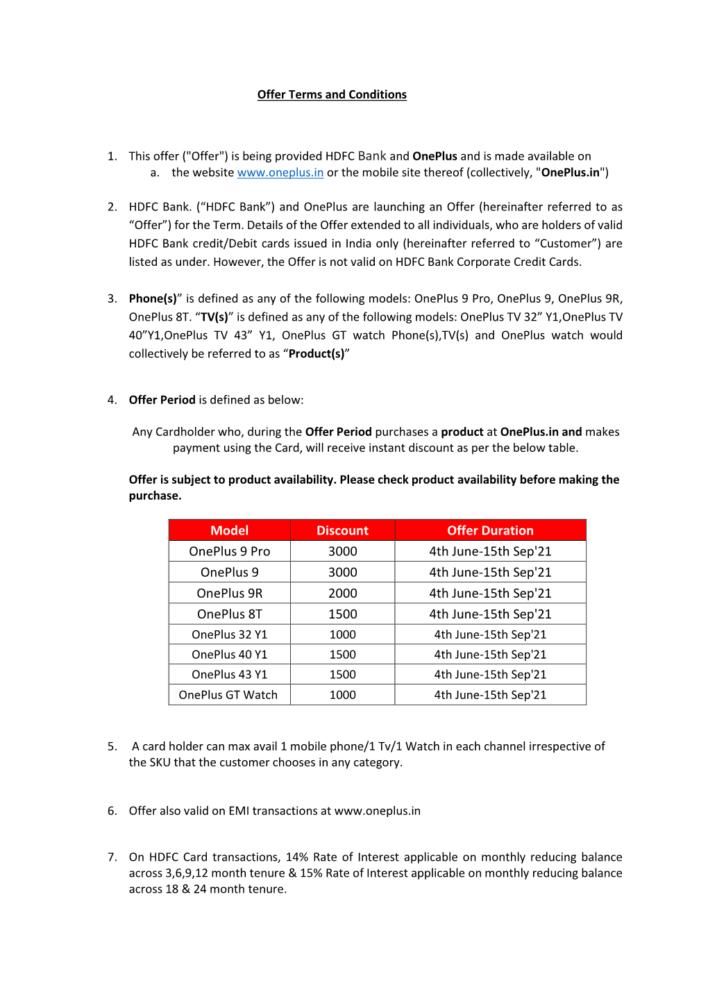 Model Discount Offer Duration Oneplus 9 Pro 3000 4Th June-15Th