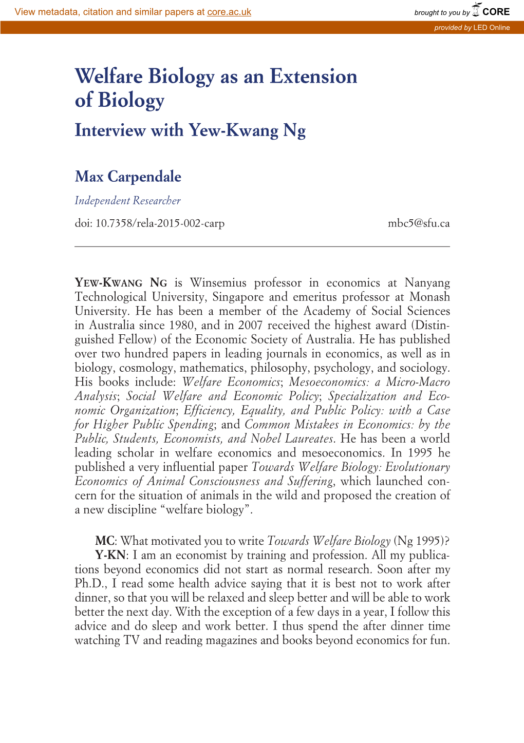 Welfare Biology As an Extension of Biology. Interview with Yew-Kwang