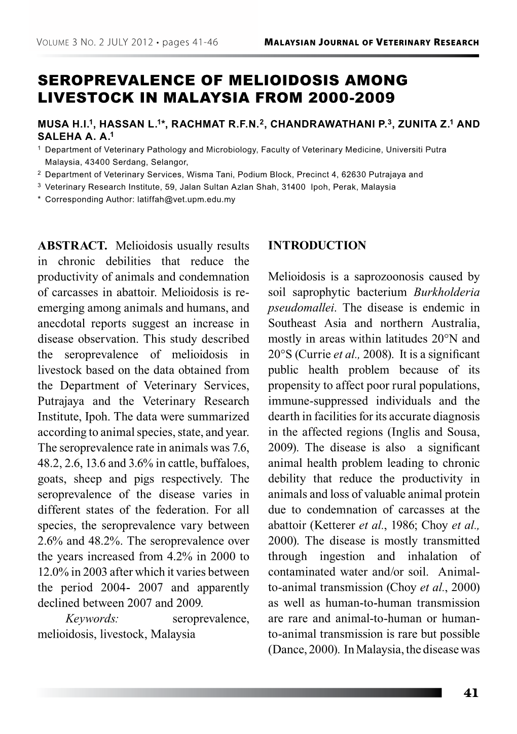 Seroprevalence of Melioidosis Among Livestock in Malaysia from 2000-2009