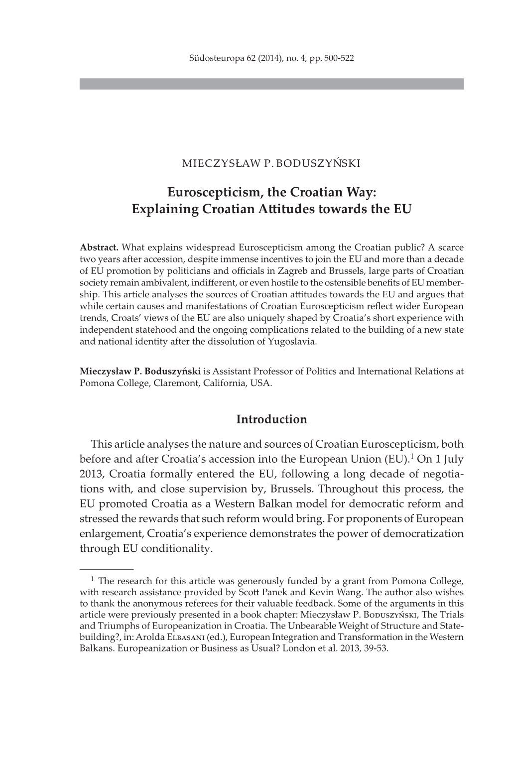 Euroscepticism, the Croatian Way: Explaining Croatian Attitudes Towards the EU