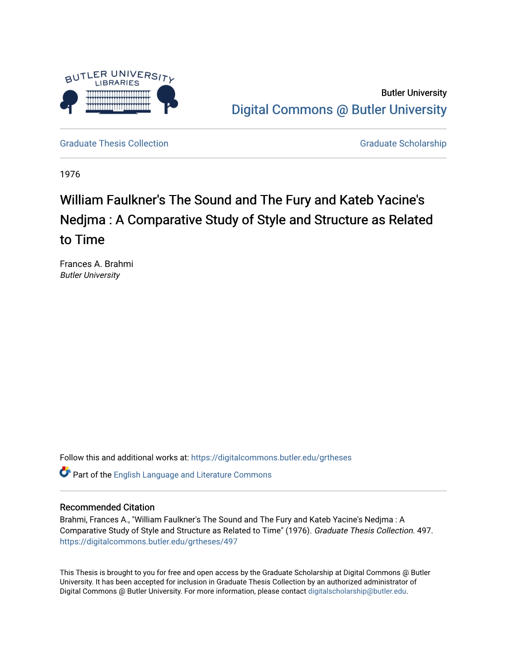 William Faulkner's the Sound and the Fury and Kateb Yacine's Nedjma : a Comparative Study of Style and Structure As Related to Time