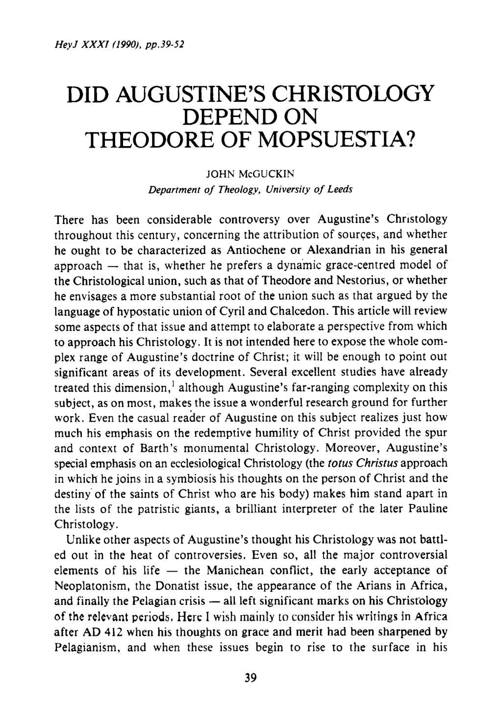 Did Augustine's Christology Depend on Theodore of Mopsuestia?