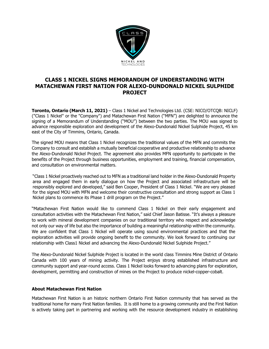 Class 1 Nickel Signs Memorandum of Understanding with Matachewan First Nation for Alexo-Dundonald Nickel Sulphide Project