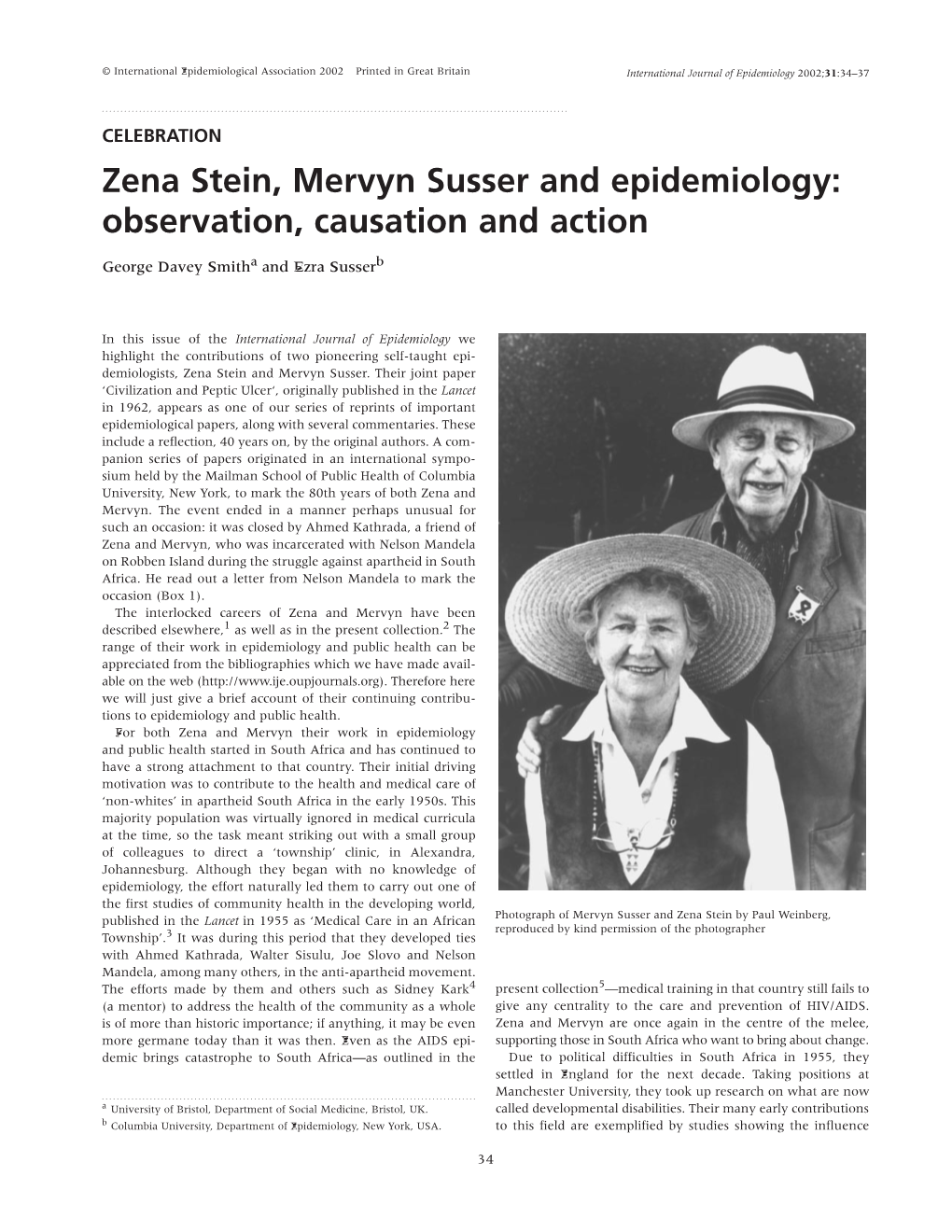 Zena Stein, Mervyn Susser and Epidemiology: Observation, Causation and Action