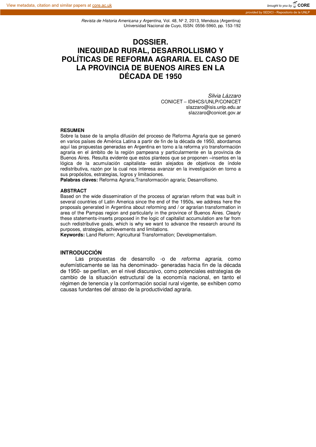 Dossier. Inequidad Rural, Desarrollismo Y Políticas De Reforma Agraria