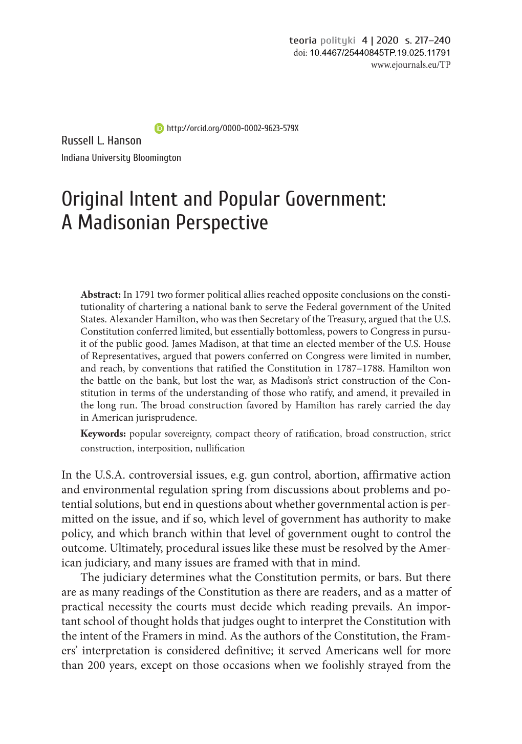 Original Intent and Popular Government: a Madisonian Perspective
