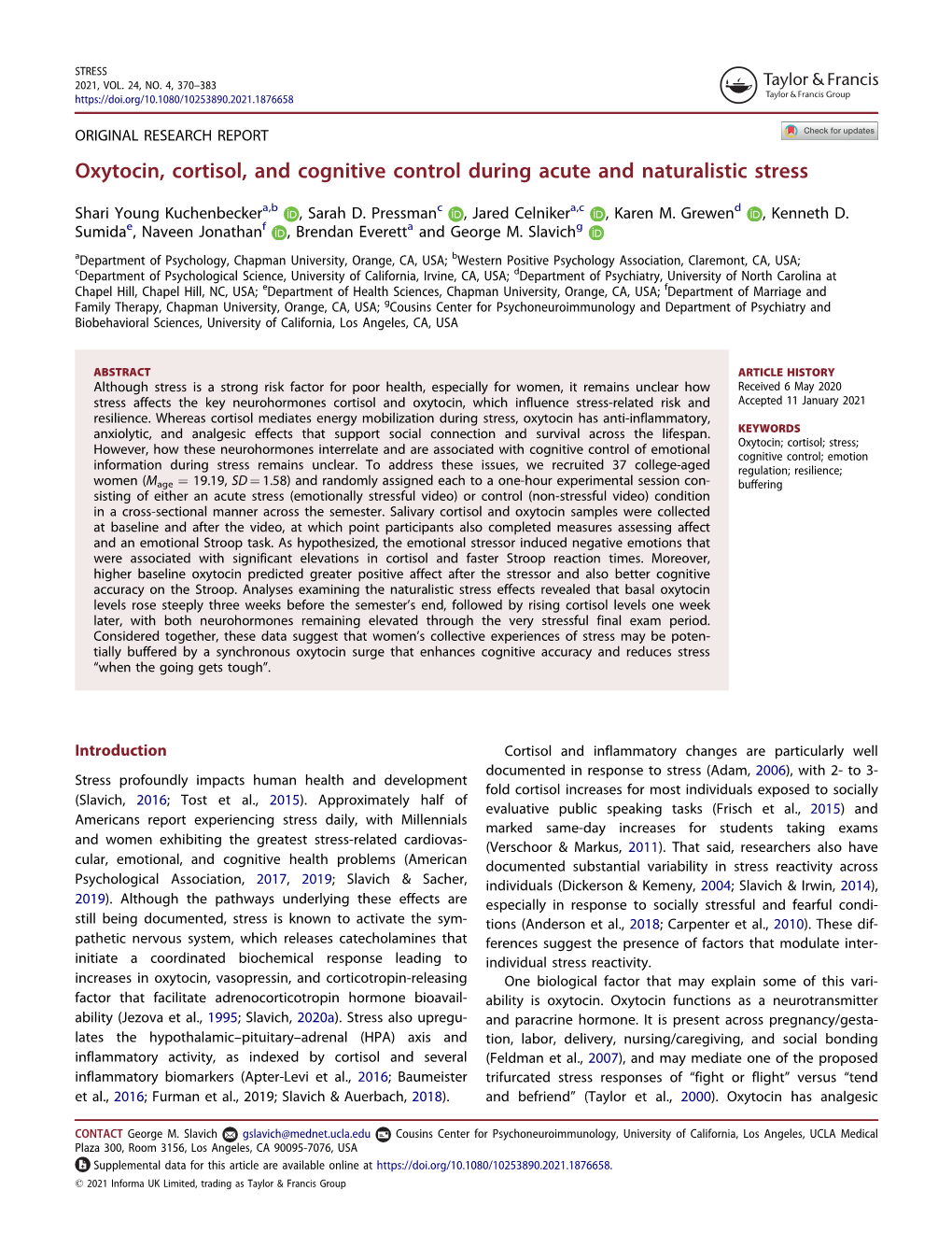 Oxytocin, Cortisol, and Cognitive Control During Acute and Naturalistic Stress