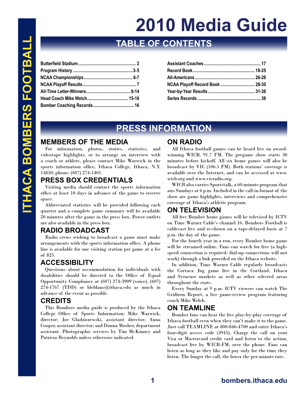 2010 Media Guide TABLE of CONTENTS