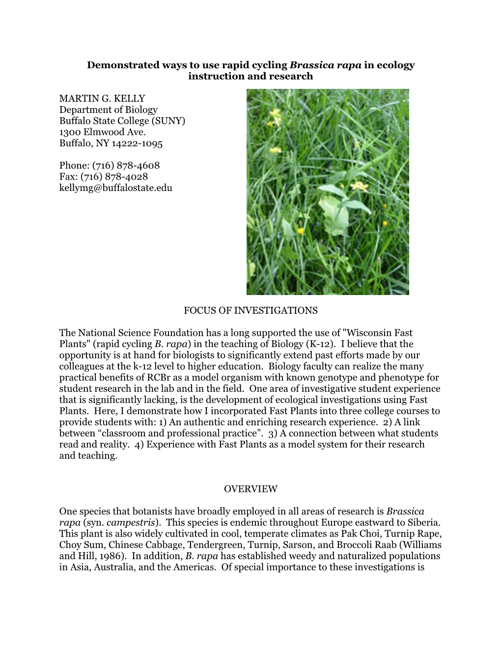 Brassica Rapa in Ecology Instruction and Research