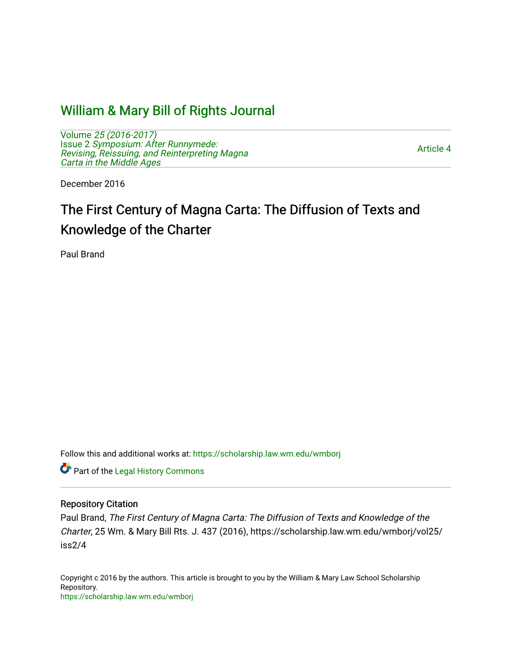 The First Century of Magna Carta: the Diffusion of Texts and Knowledge of the Charter