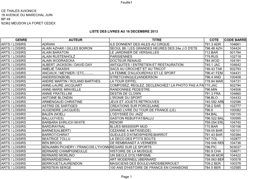 LISTE LIVRE AU 16 DECEMBRE 2013.Ods