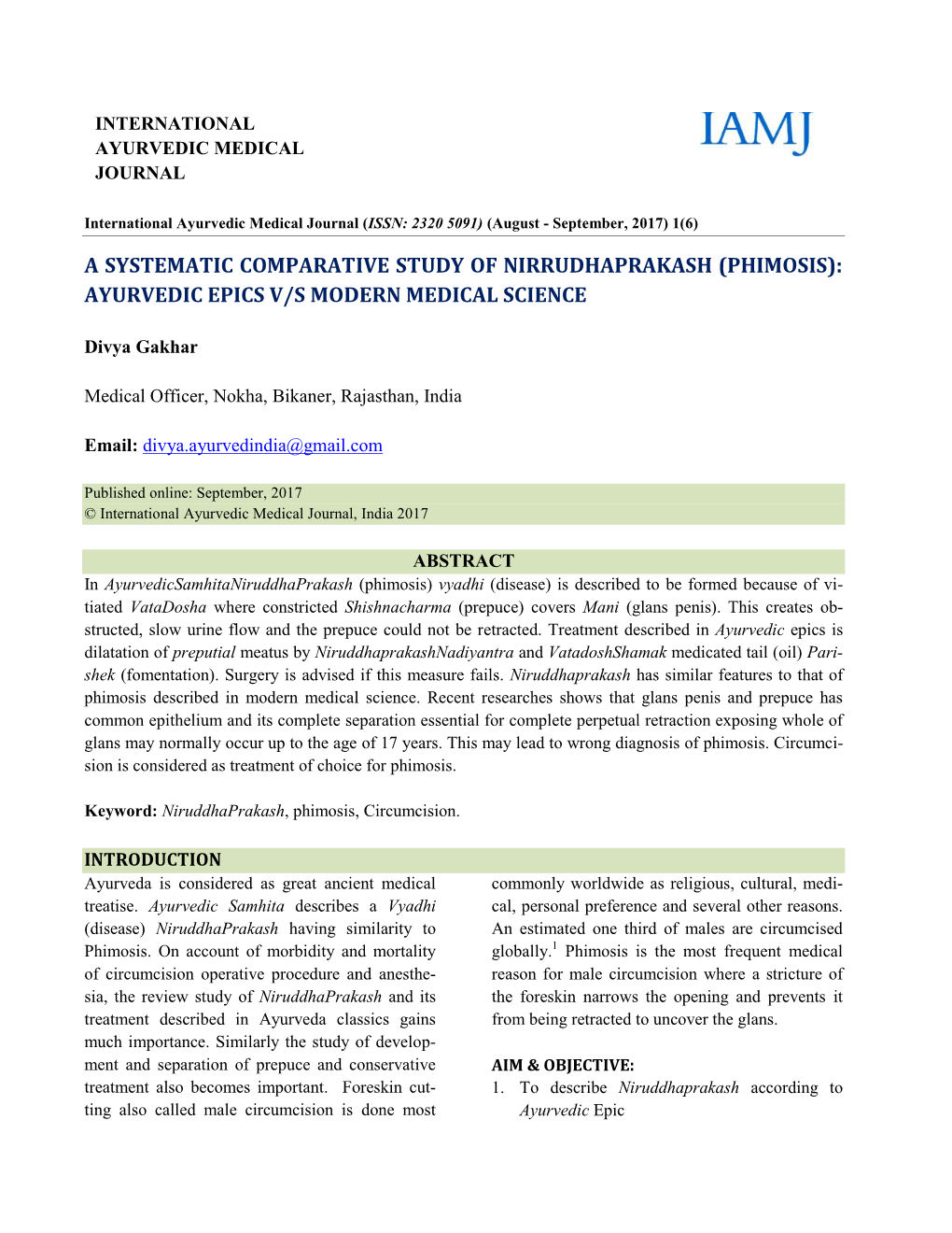 A Systematic Comparative Study of Nirrudhaprakash (Phimosis): Ayurvedic Epics V/S Modern Medical Science