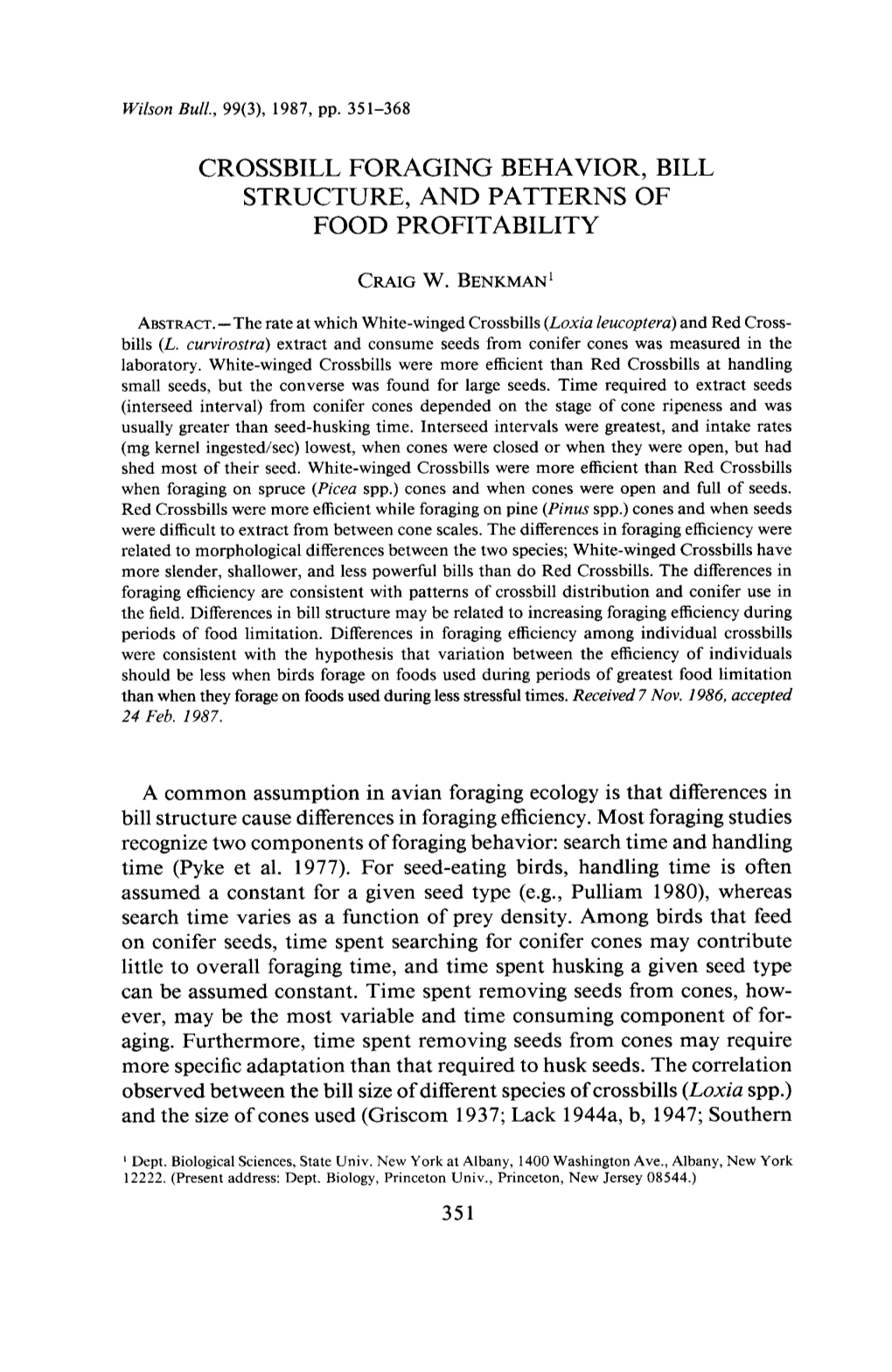 Crossbill Foraging Behavior, Bill Structure, and Patterns of Food Profitability