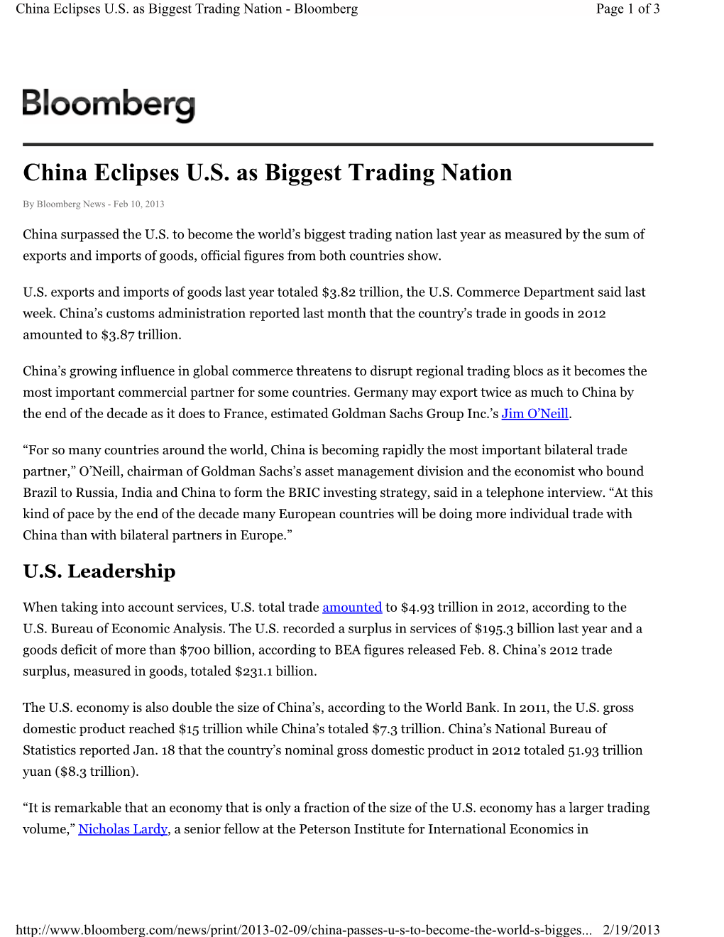 China Eclipses U.S. As Biggest Trading Nation - Bloomberg Page 1 of 3