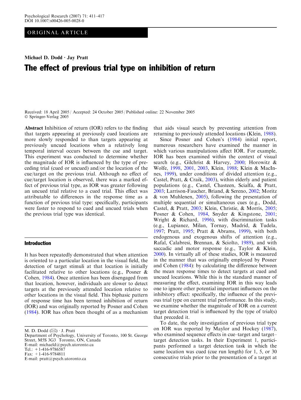 The Effect of Previous Trial Type on Inhibition of Return