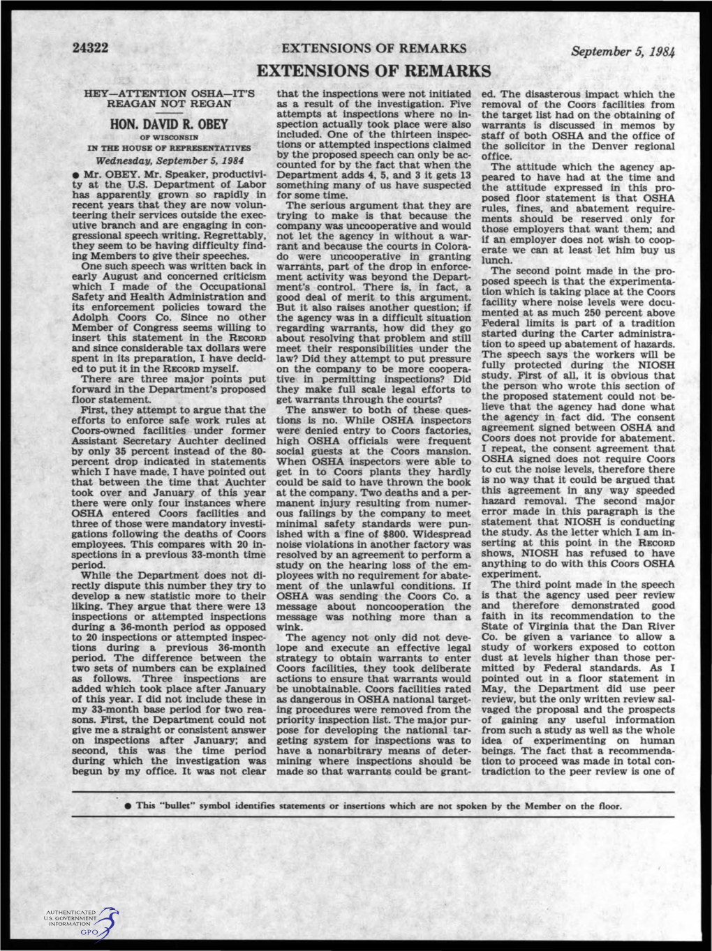 EXTENSIONS of REMARKS September 5, 19B4 EXTENSIONS of REMARKS HEY-Atl'ention OSHA-IT's That the Inspections Were Not Initiated Ed