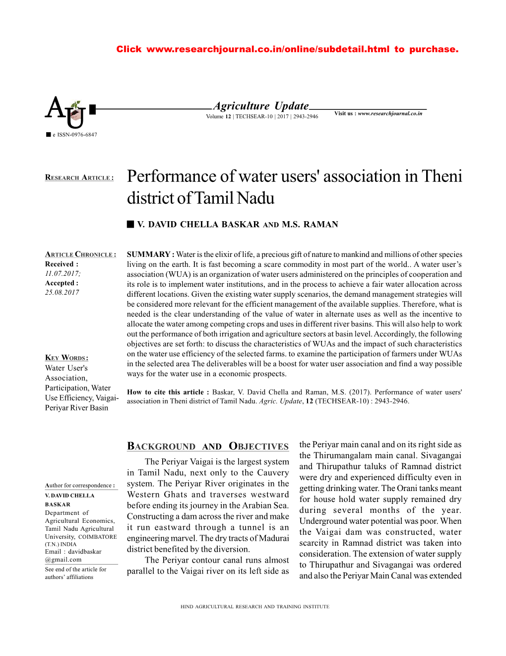 Performance of Water Users' Association in Theni District of Tamil Nadu