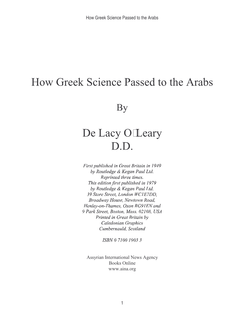 How Greek Science Passed to the Arabs De Lacy O Leary D.D