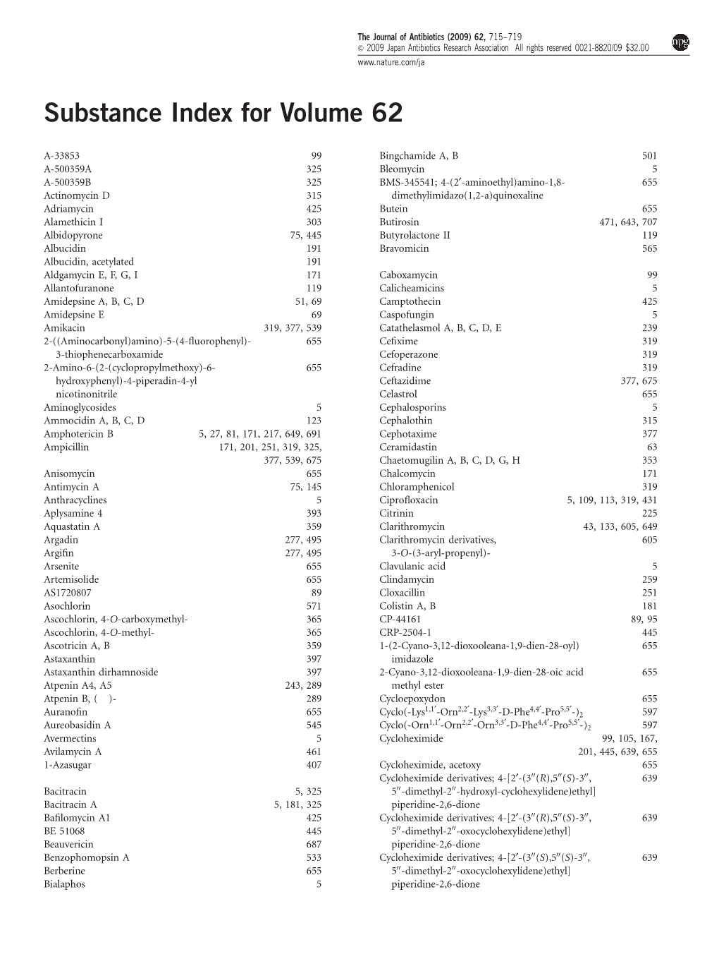 Substance Index for Volume 62