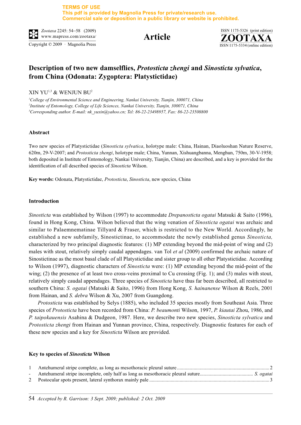 Zootaxa, Description of Two New Damselflies, Protosticta Zhengi And