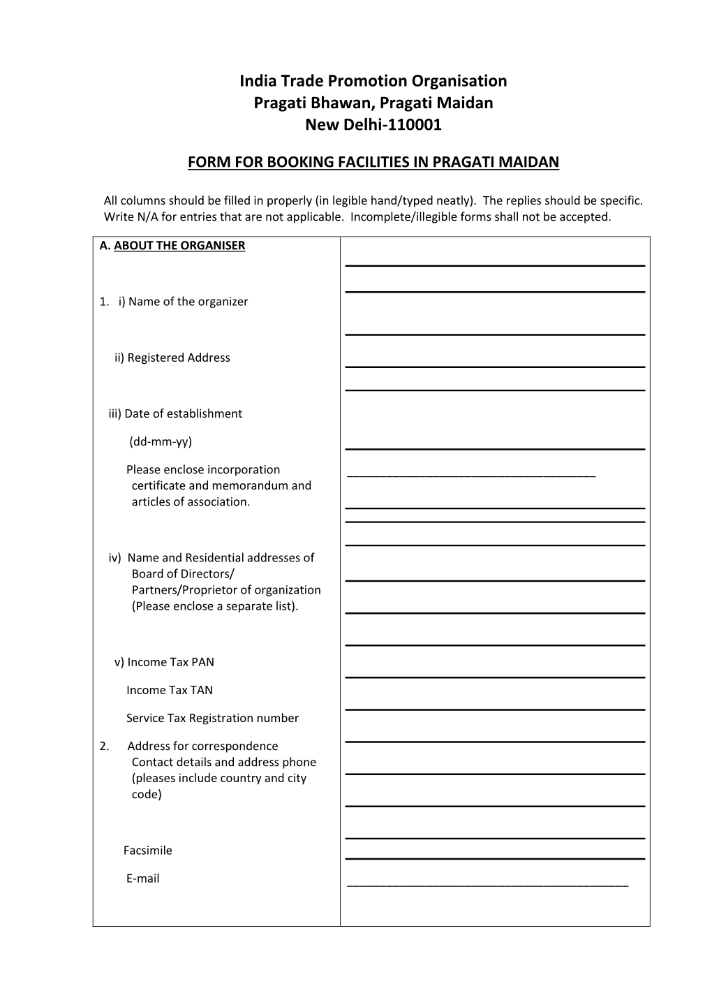 Form for Booking Facilities in Pragati Maidan