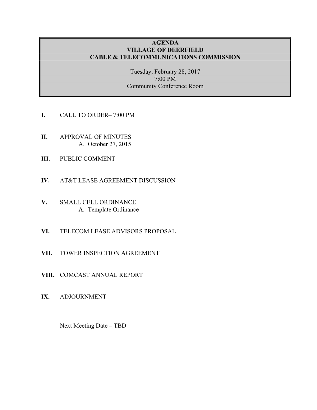 Agenda Village of Deerfield Cable & Telecommunications Commission