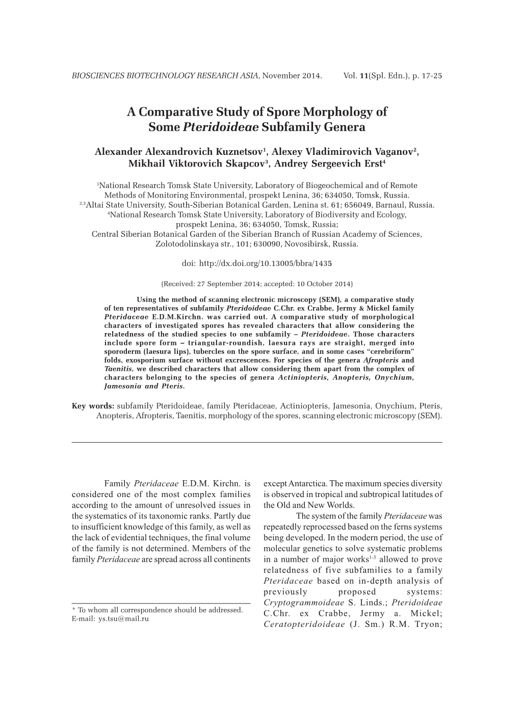 A Comparative Study of Spore Morphology of Some Pteridoideae Subfamily Genera