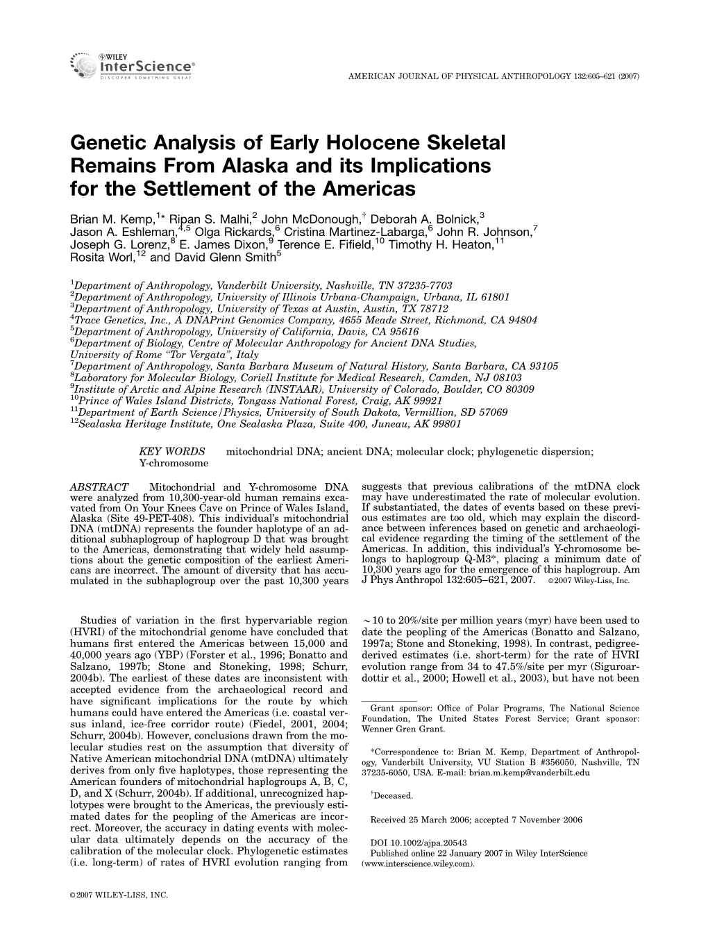 Genetic Analysis of Early Holocene Skeletal Remains from Alaska and Its Implications for the Settlement of the Americas