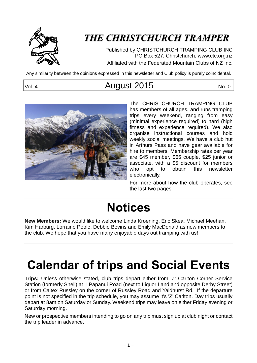 Notices Calendar of Trips and Social Events