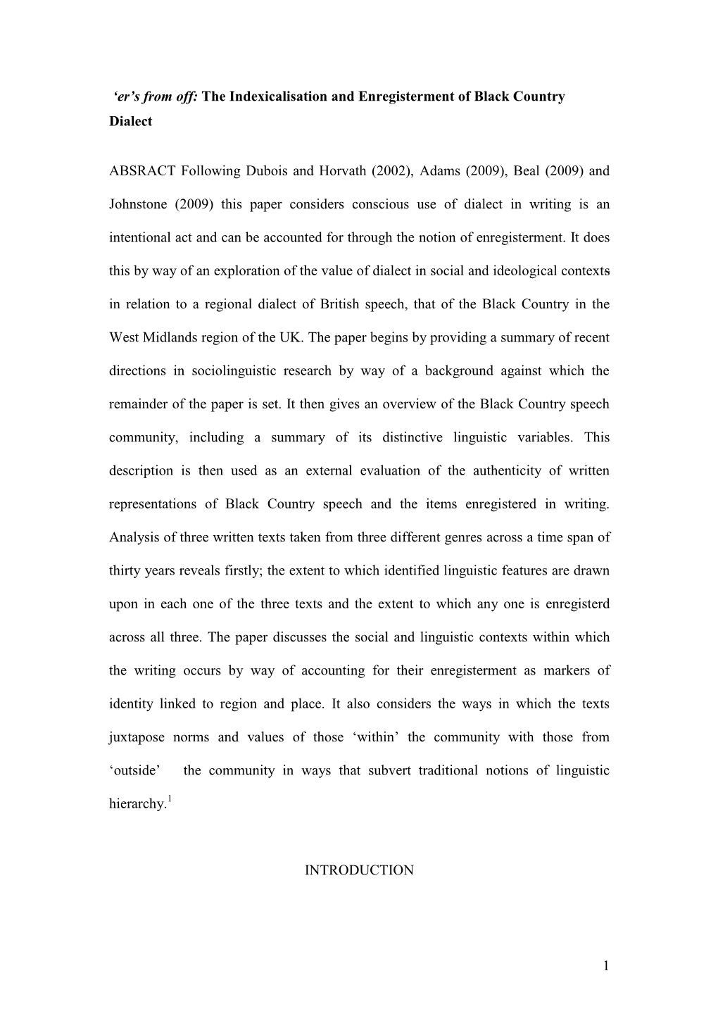 Indexicalization and Enregisterment of Black Country Dialect