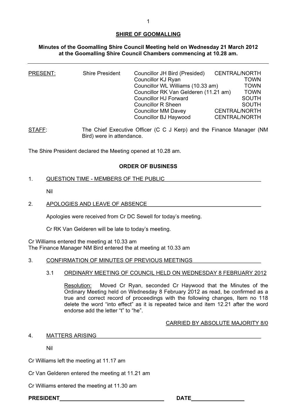 Goomalling Shire Council Meeting 2012 March