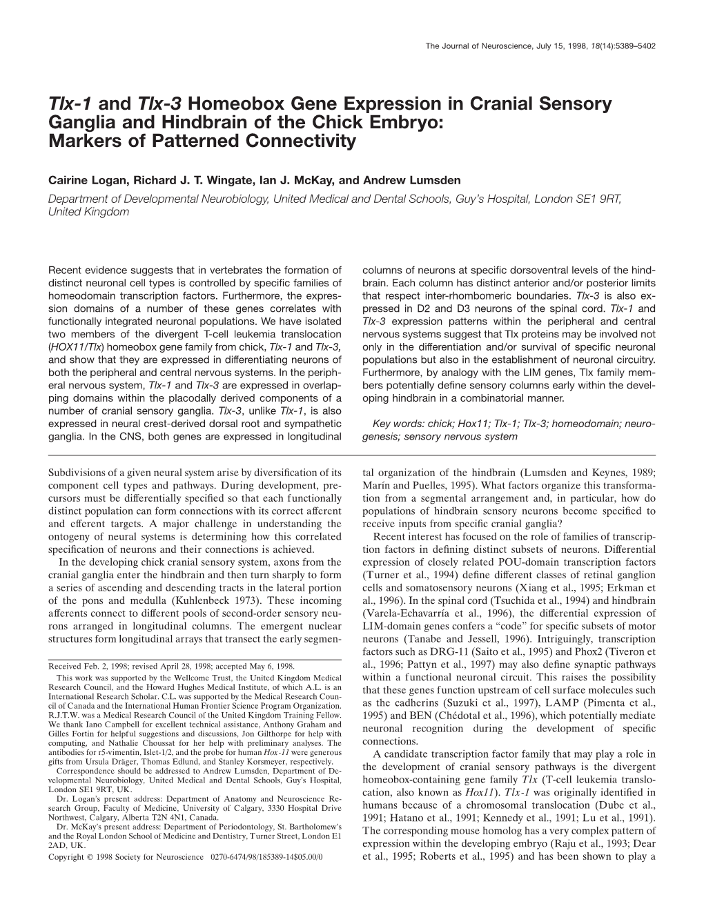 Tlx-1 and Tlx-3 Homeobox Gene Expression in Cranial Sensory Ganglia and Hindbrain of the Chick Embryo: Markers of Patterned Connectivity