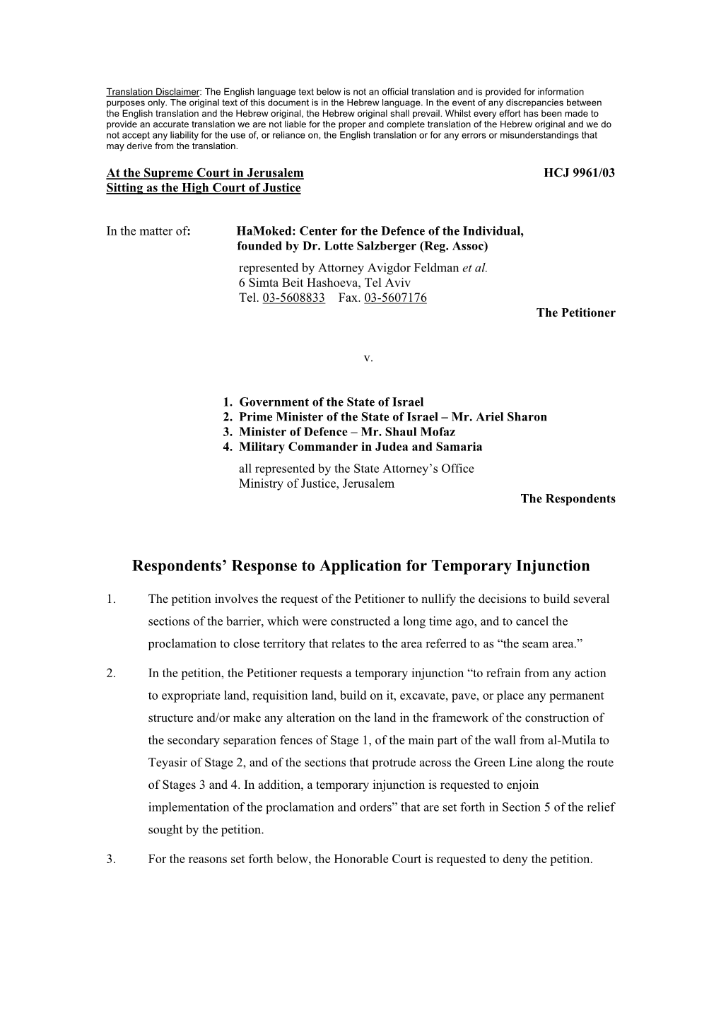 Respondents' Response to Application for Temporary Injunction