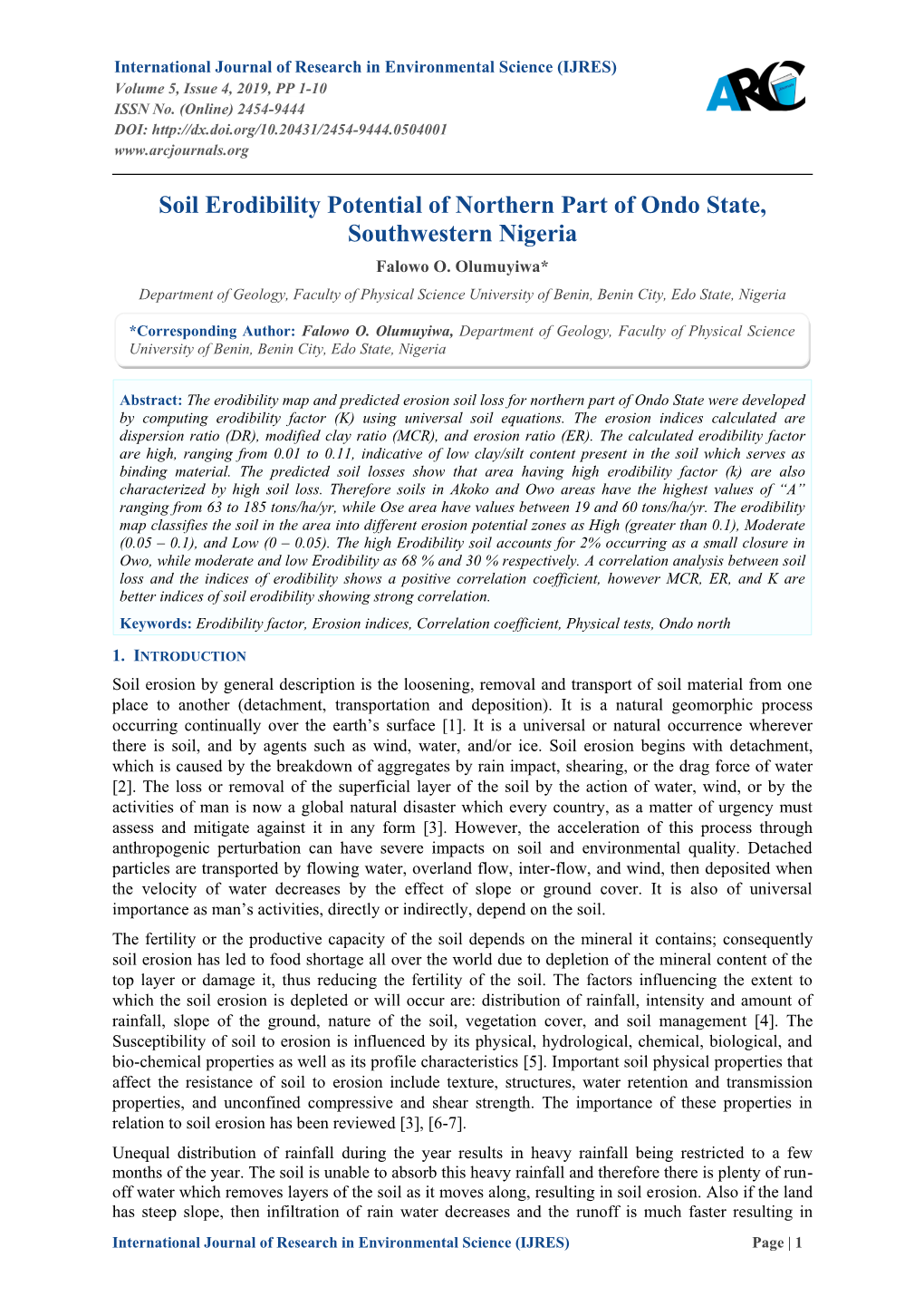 Soil Erodibility Potential of Northern Part of Ondo State, Southwestern Nigeria Falowo O